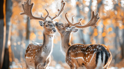 Two deer standing side by side in a forest setting, surrounded by trees and foliage