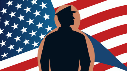 A unique depiction of a veterans silhouette outlined against a backdrop of the American flag symbolizing their strength and dedication to their. Vector illustration