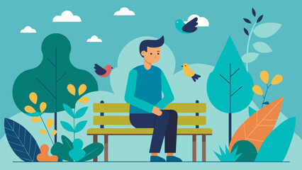 The sound of chirping birds and rustling leaves envelops the man as he sits on a bench watching his garden grow..