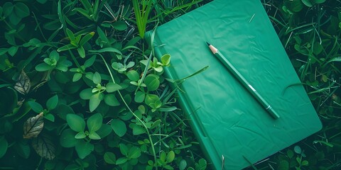 green pencil on a green notebook in nature