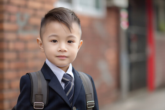Portrait of a young boy wearing a school uniform with a tie and backpack, showcasing confidence and readiness for a day of learning on a blurred urban background