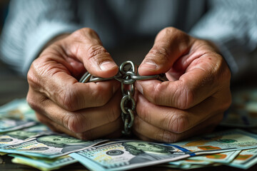 two chained hands standing over US dollar bills. crime concept, bribery - obrazy, fototapety, plakaty
