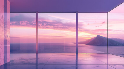 A large Modern glass window overlooking a beautiful ocean and a mountain. Soft Pink Sky, creating a serene and peaceful atmosphere