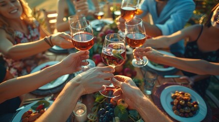 Top of view of Happy friends having fun outdoor. Group of friends having backyard dinner party together. Young people sitting at bar table toasting wine glasses in vineyards garden. Generative AI.