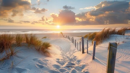 Beautiful sand dune beach at sunset with wooden bridge
