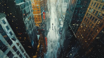 A lone figure walks down a snowy street in an empty city
