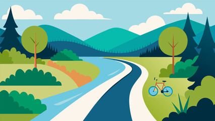 Obraz premium A quiet bike path parallel to a river provides a picturesque backdrop for a cyclist to clear their mind and focus on the present the soothing sounds.