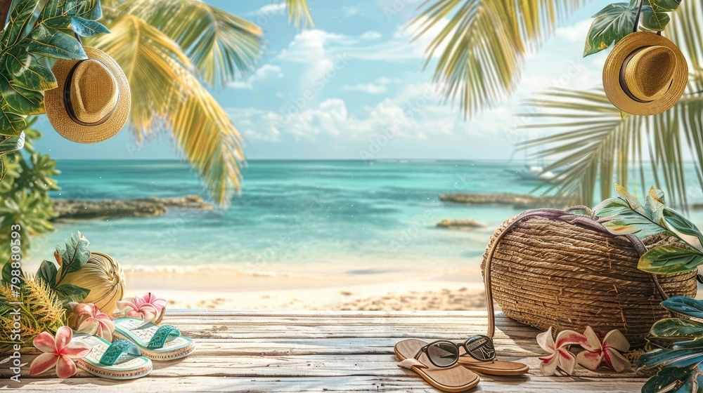 Poster Beautiful summer background with a beach bag, sunglasses and flip flops on a wooden table. A view of a tropical sandy shore with palm trees and a blue sky. Generative AI.