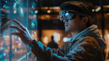 augmented reality experience a man wearing black glasses and a black and brown hat stands in front