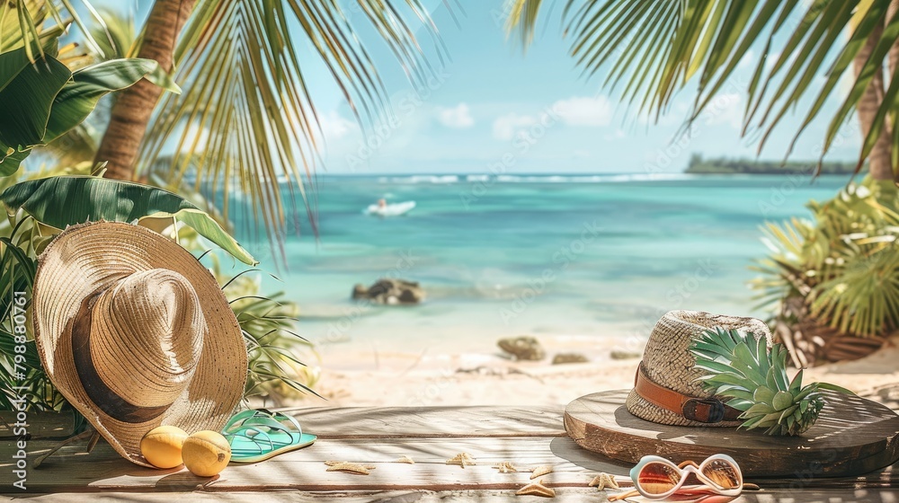 Poster Beautiful summer background with a beach bag, sunglasses and flip flops on a wooden table. A view of a tropical sandy shore with palm trees and a blue sky. Generative AI.