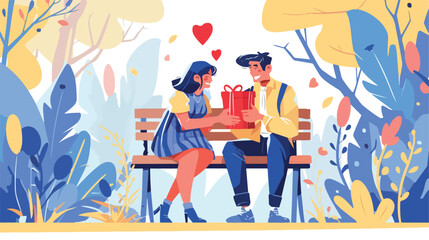 Couple exchanging gift box sitting on bench at park