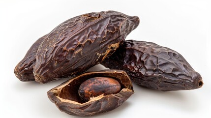 Cocoa beans without skin in a shell against a white backdrop