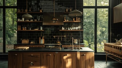 Obraz premium A kitchen with black tiles on the walls, wooden cabinets and an island in the center with a sink