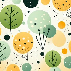 Tropical leaves, abstract circles, seamless pattern, flat vector, solid bg ,  flat graphic drawing - obrazy, fototapety, plakaty