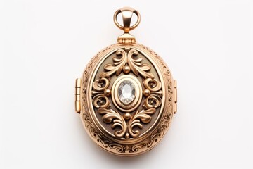 A golden locket with a diamond in the center.