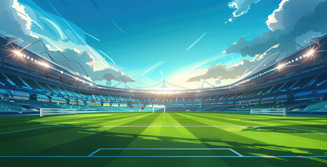 Vector illustration of a flat background, a modern football stadium with lights and a green grass field, a blue sky, in the style of cartoon with thick lines. Generative AI.