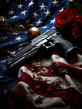 A gun and red roses lay on an American flag.