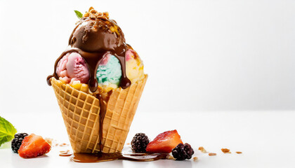 delicious ice cream in a waffle cone is topped with chocolate topping and caramel. Generative AI