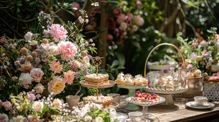 A table covered with an array of decadent desserts and vibrant flowers