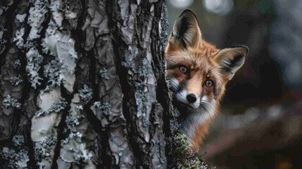 Naklejka premium A red fox cautiously peeks out from behind a tree in a forest setting