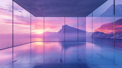 A large Modern glass window overlooking a beautiful ocean and a mountain. Soft Pink Sky, creating a serene and peaceful atmosphere
