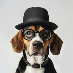 Beagle dog dressed up with hat and glasses.