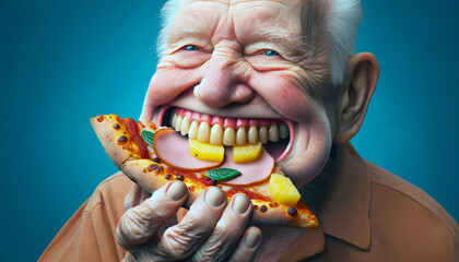 Old man grinning with false teeth, biting into a slice of pizza