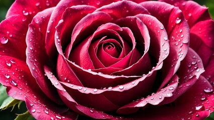 A bright crimson rose with morning dew droplets.