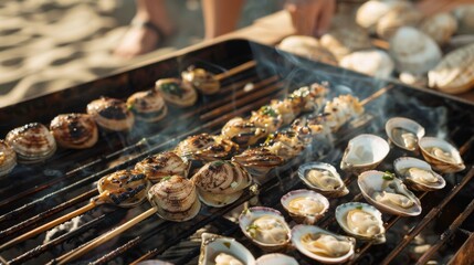 A beachfront barbecue gathering with friends, featuring a grill loaded with skewers of garlic buttered clams and grilled oysters.