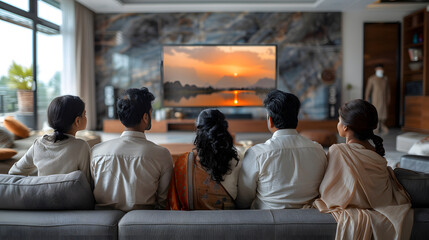 Portrait of Happy Indian Family Enjoying Movie Playing on TV at Home Together. Parents and Young Adult Children Share a Love for Cinema, and watching their Favourite Streaming Service TV Shows.