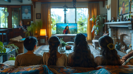 Portrait of Happy Indian Family Enjoying Movie Playing on TV at Home Together. Parents and Young Adult Children Share a Love for Cinema, and watching their Favourite Streaming Service TV Shows.