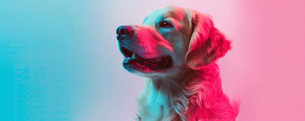 Colorful portrait of a happy dog against split-tone background.