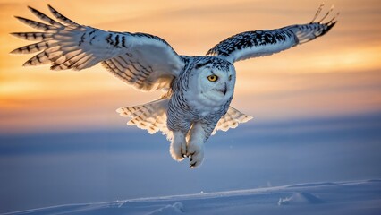 Visualize a powerful image capturing a snowy owl in flight over a pristine Arctic landscape during the twilight hours.