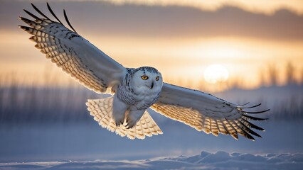 Visualize a powerful image capturing a snowy owl in flight over a pristine Arctic landscape during the twilight hours.