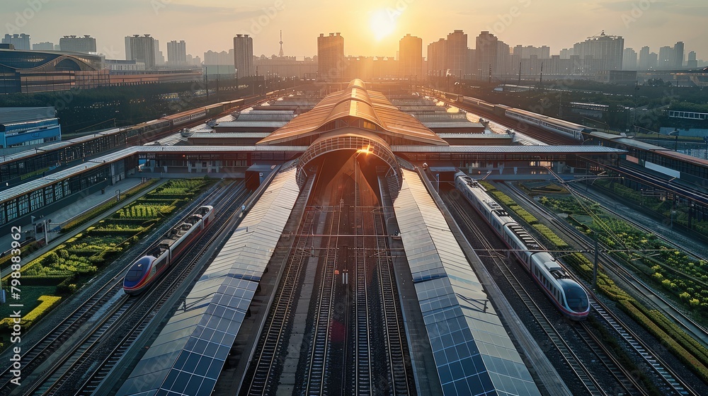 Poster solar pv of railway station. aerial high view. generative ai.