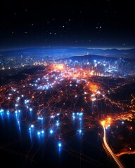 Fototapeta premium A glowing city at night with a starry sky and a network of glowing lines connecting the buildings.