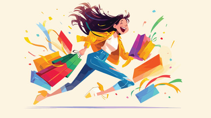 Happy cartoon girl running with shopping bag during