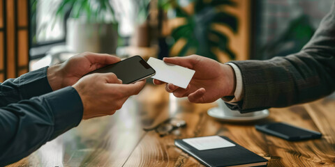 businessman exchanging business cards with a client using a digital card and a smartphone