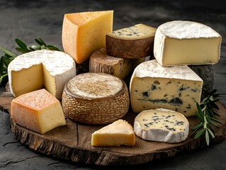 A wooden board with a variety of cheeses on it. The cheeses are of different shapes and sizes, and they are arranged in a way that makes them look appetizing. Scene is inviting and delicious