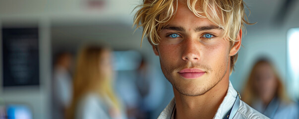 Young blond man with penetrating blue eyes, close-up.