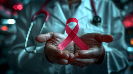 A woman doctor holding a red ribbon in her hand on an international day to protect people from cancer by the symbol of struggle and survival of mankind.