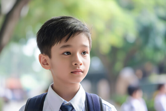 Young asian boy with a thoughtful expression, dressed in a school uniform with a backpack, stands outdoors with greenery blurred in the background