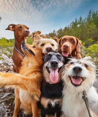 group of dogs happy gathered together taking a selfie