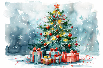 Beautiful christmas tree gifts watercolor. Design for purposes. Holiday greeting card design. New year symbol