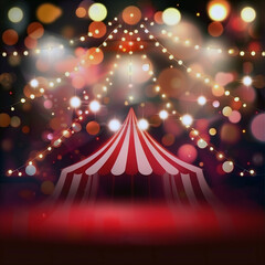 Enchanted circus tent and stage with sparkling lights background