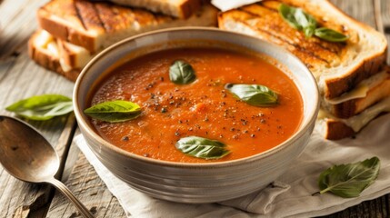 A bowl of creamy tomato soup with floating basil leaves, served with a grilled cheese sandwich for a comforting meal.