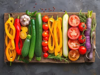 Fotobehang A wooden board with a variety of vegetables including tomatoes, peppers, and zucchini. The board is arranged in a way that showcases the different colors and textures of the vegetables © MaxK