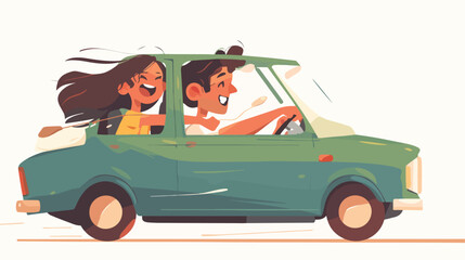 Happy couple traveling together by car on holiday t