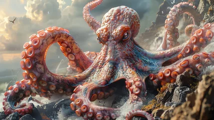 Fotobehang A single giant monster pink octopus, angry, movie, background is back © Tee