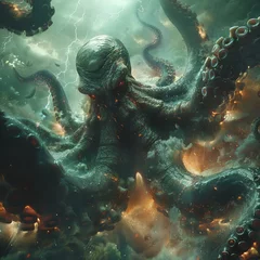 Fotobehang A Giant Dark-green Octopus, red eye, in the space, movie, background is lightning © Tee